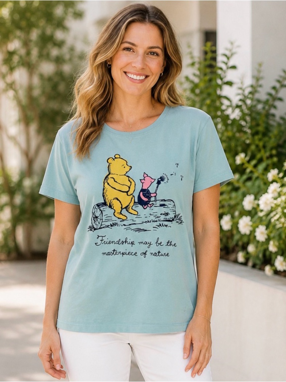Life is Good Disney Winnie the Pooh Piglet Friendship Graphic Tee Womens L Teal